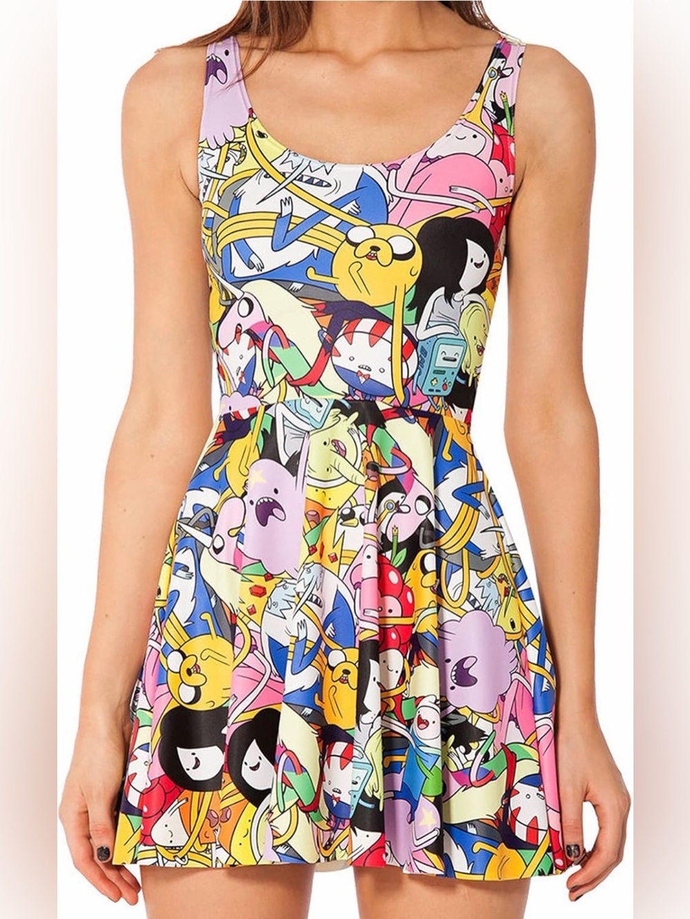 Adventure Time Cartoon Print Pleated Fit & Flare Skater Dress